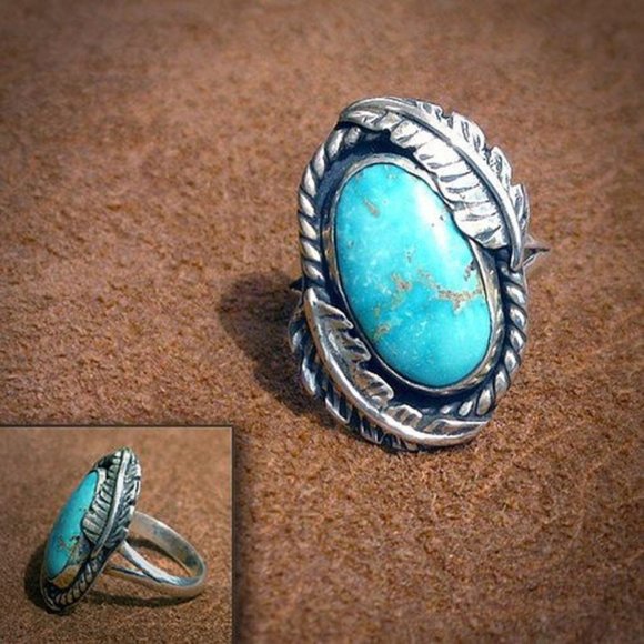 large silver and turquoise ring size 5 - Picture 1 of 2